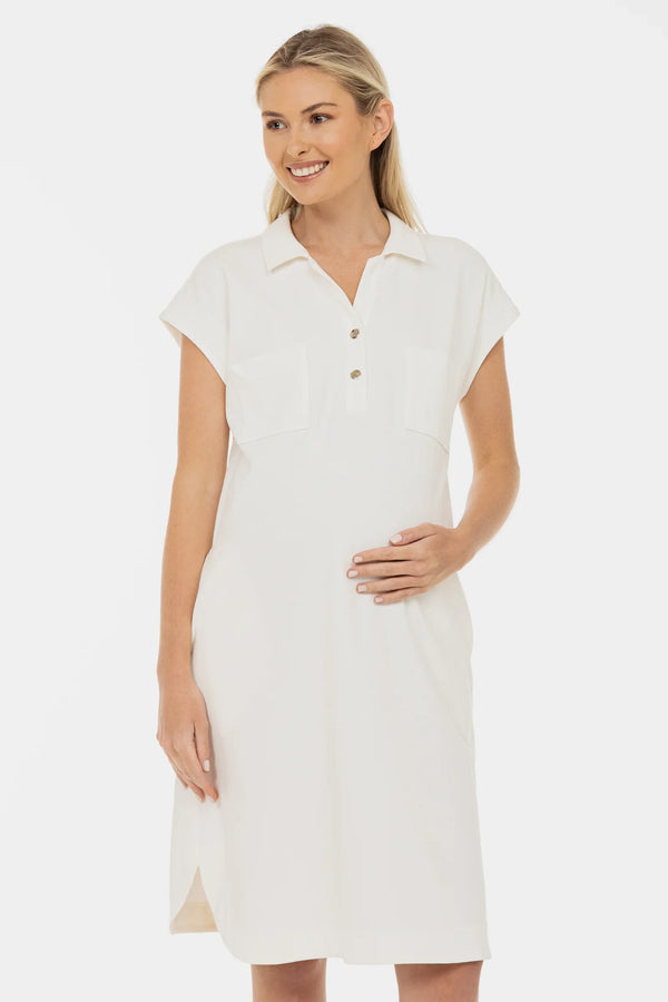 Rochie-cămașă pentru gravide cu guler și buzunare – ecru