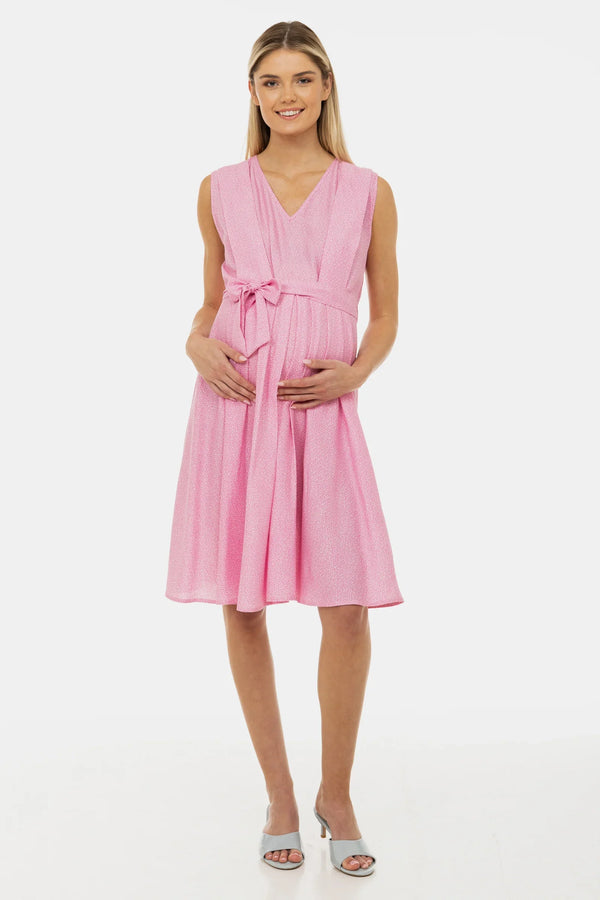Rochie pentru gravide și alăptare cu cordon – imprimeu roz