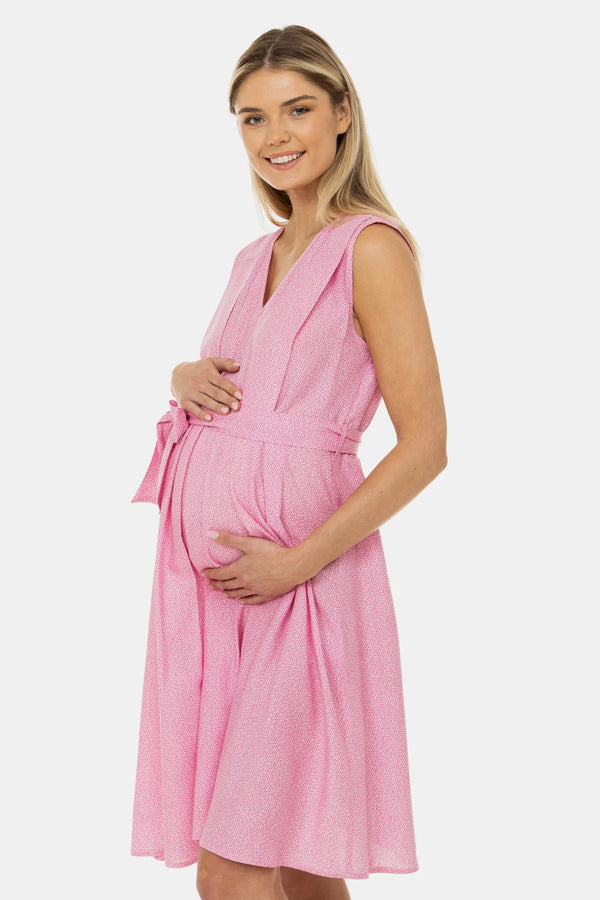 Rochie pentru gravide și alăptare cu cordon – imprimeu roz