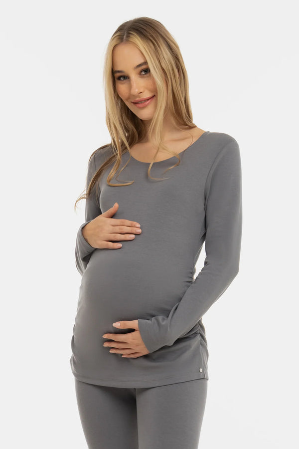Bluză din bumbac cu încrețituri pentru gravide – gri