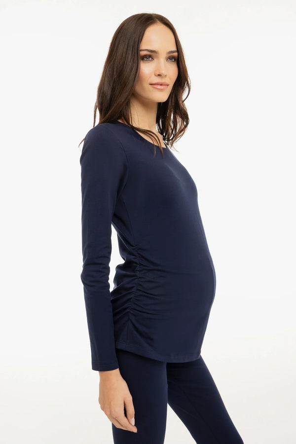 Bluză din bumbac cu încrețituri pentru gravide – albastru închis