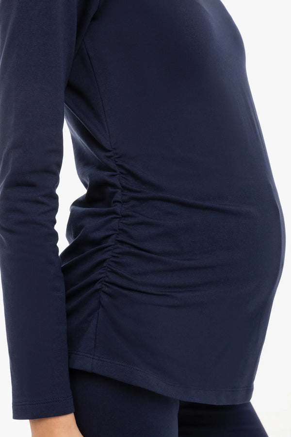 Bluză din bumbac cu încrețituri pentru gravide – albastru închis