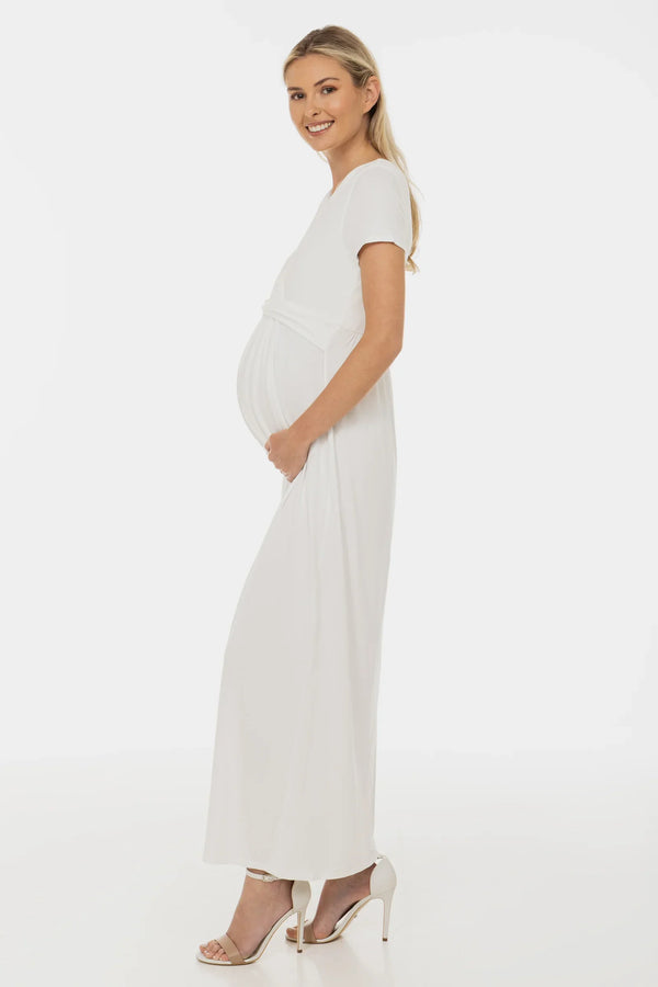 Rochie de mireasă pentru gravide cu curea decorativă – ecru