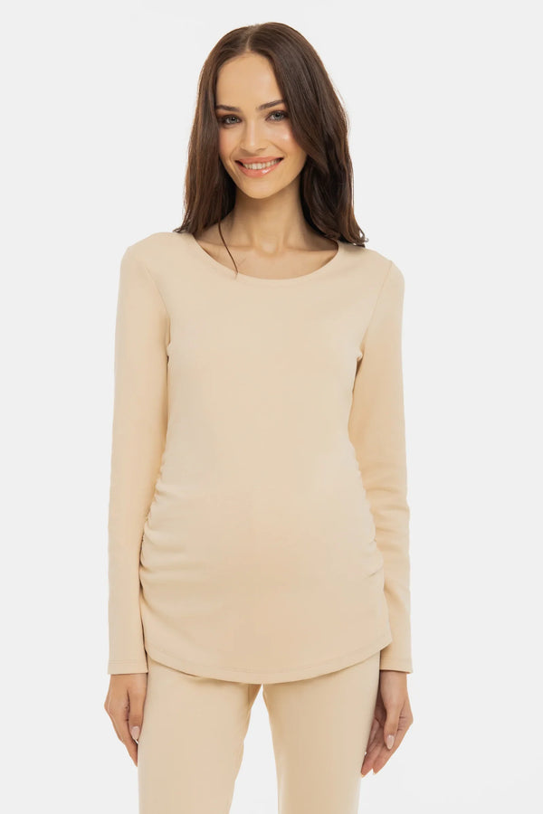 Bluză din bumbac cu încrețituri pentru gravide – bej