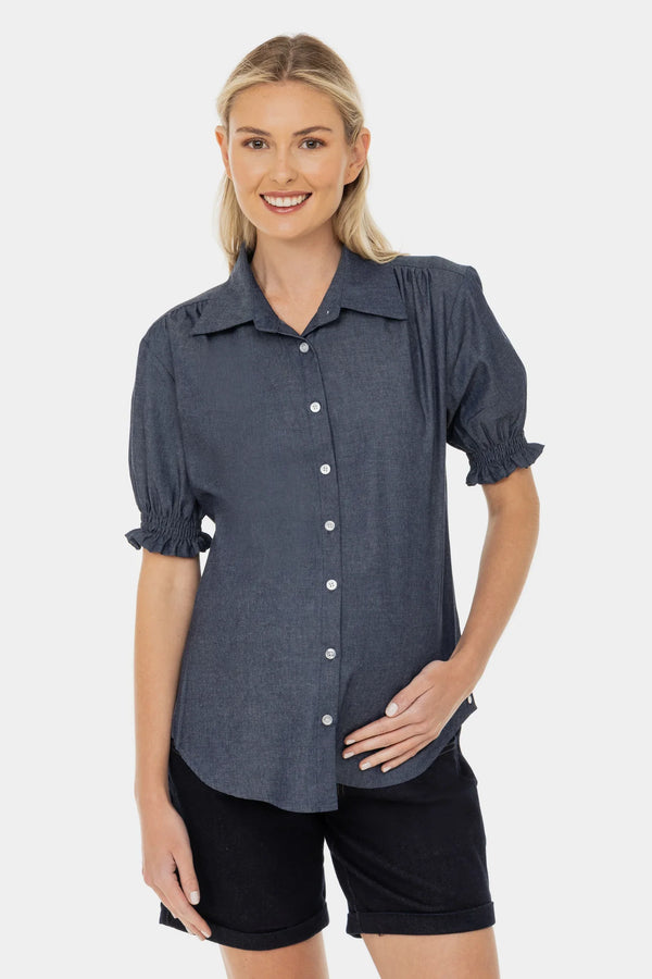 Cămașă din denim pentru gravide și alăptare cu mâneci bufante