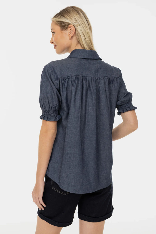 Cămașă din denim pentru gravide și alăptare cu mâneci bufante