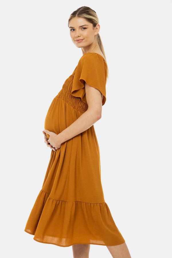 Rochie boho pentru gravide cu încrețituri și volane