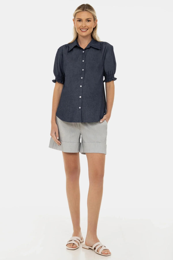 Cămașă din denim pentru gravide și alăptare cu mâneci bufante