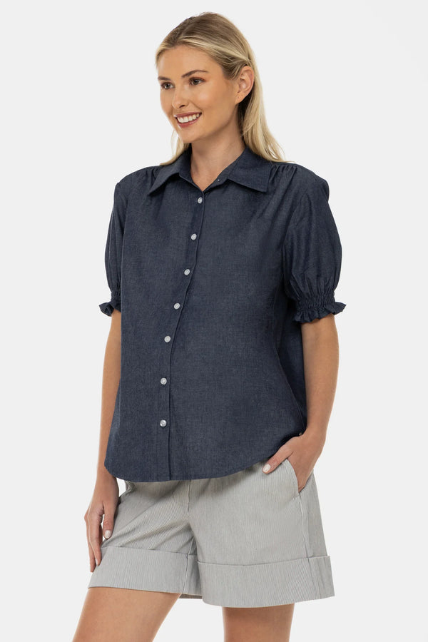 Cămașă din denim pentru gravide și alăptare cu mâneci bufante