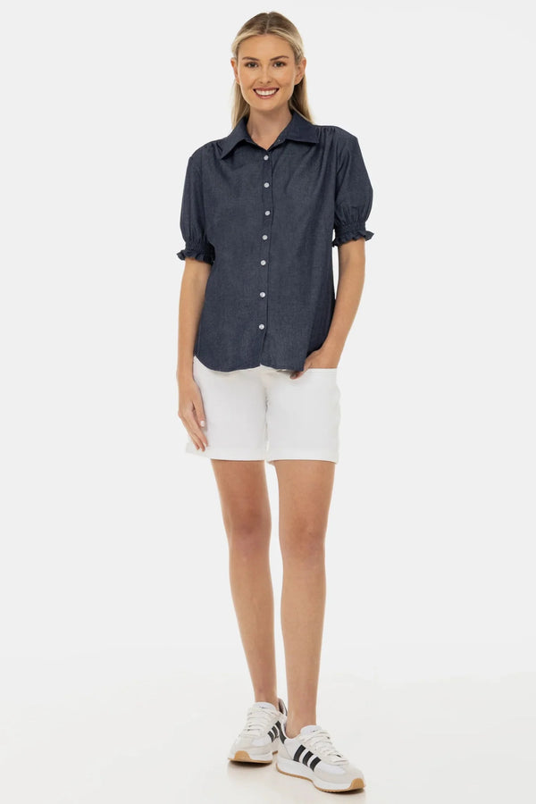 Cămașă din denim pentru gravide și alăptare cu mâneci bufante