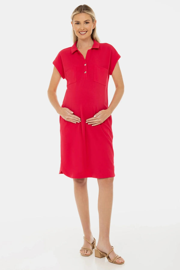 Rochie-cămașă pentru gravide cu guler și buzunare – fucsia