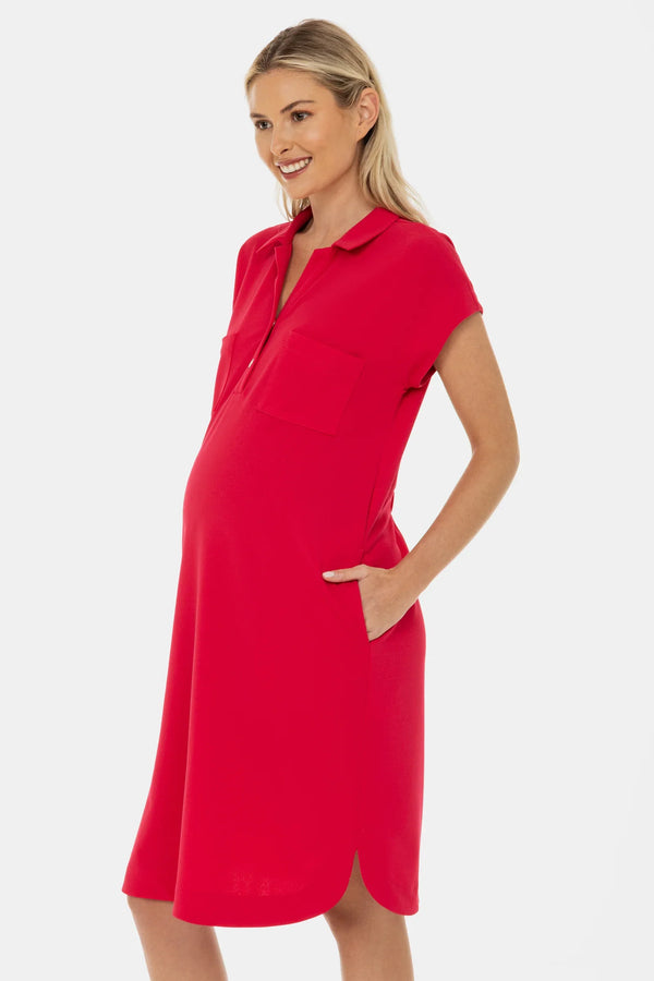 Rochie-cămașă pentru gravide cu guler și buzunare – fucsia