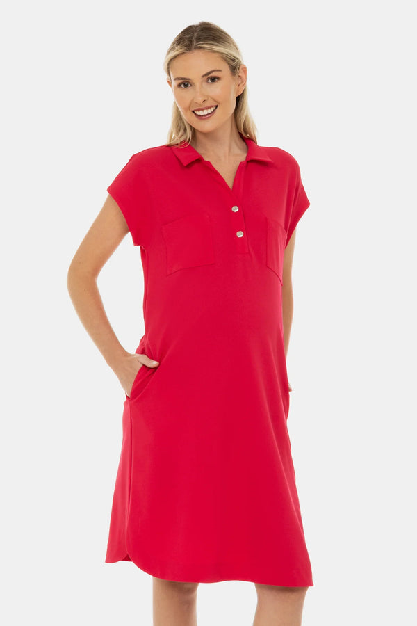 Rochie-cămașă pentru gravide cu guler și buzunare – fucsia