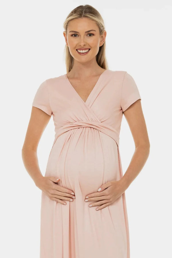 Rochie pentru gravide și alăptare cu curea decorativă – roz pudră