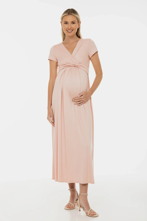 Rochie pentru gravide și alăptare cu curea decorativă – roz pudră