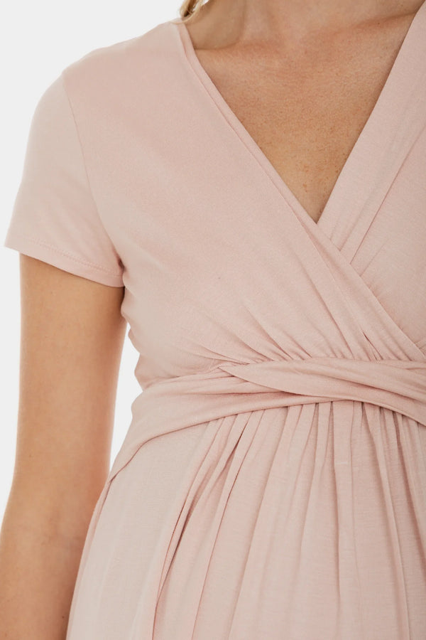 Rochie pentru gravide și alăptare cu curea decorativă – roz pudră