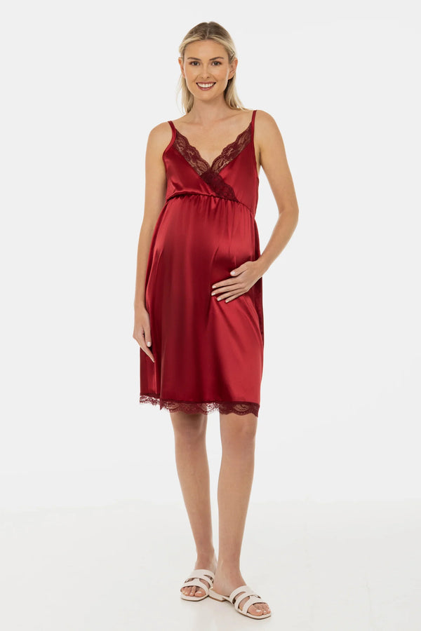 Cămașă de noapte din satin pentru gravide și alăptare - vișinie