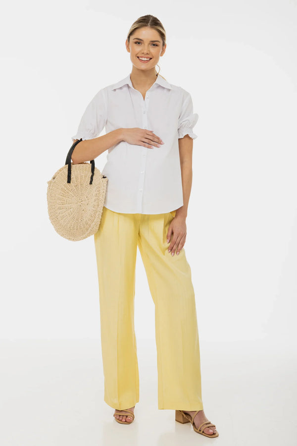 Pantaloni evazați cu pliuri pentru gravide - galben deschis