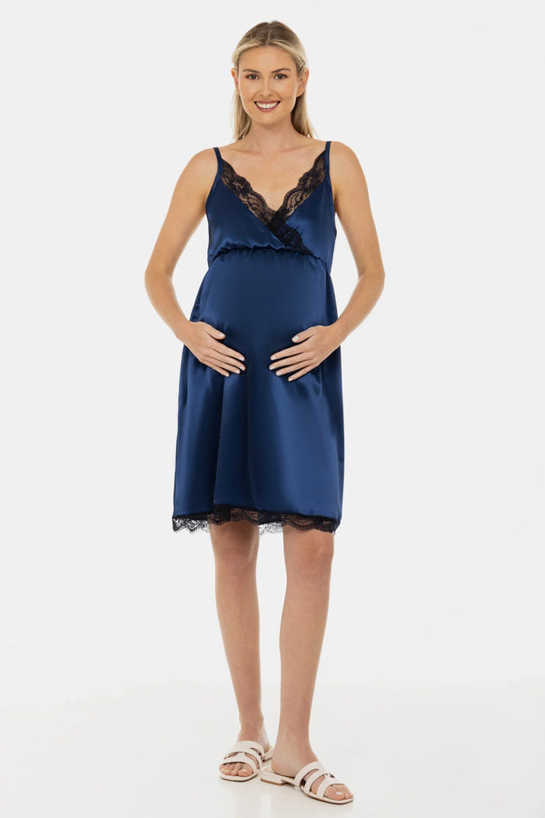 Cămașă de noapte din satin pentru gravide și alăptare - albastru închis