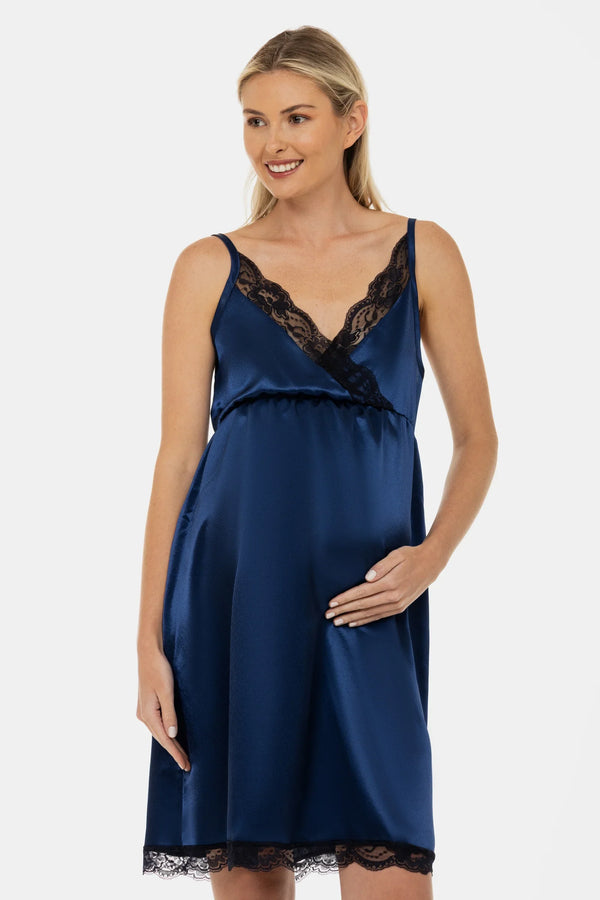 Cămașă de noapte din satin pentru gravide și alăptare - albastru închis