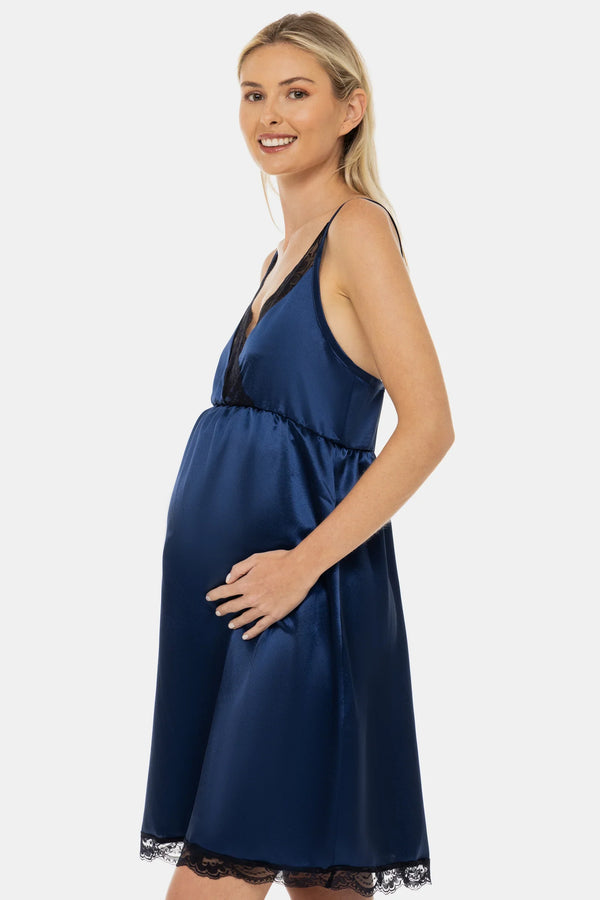 Cămașă de noapte din satin pentru gravide și alăptare - albastru închis