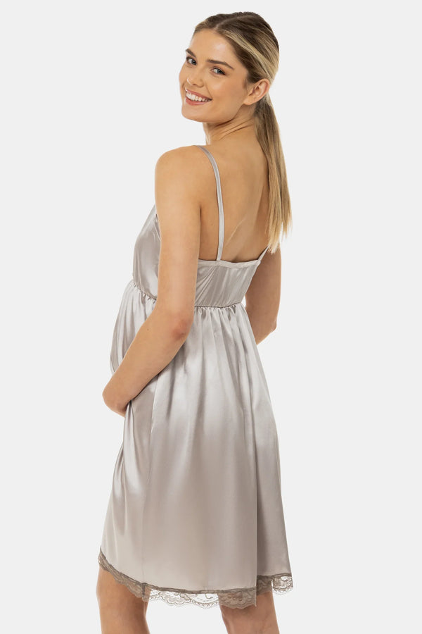 Cămașă de noapte din satin pentru gravide și alăptare - argintiu