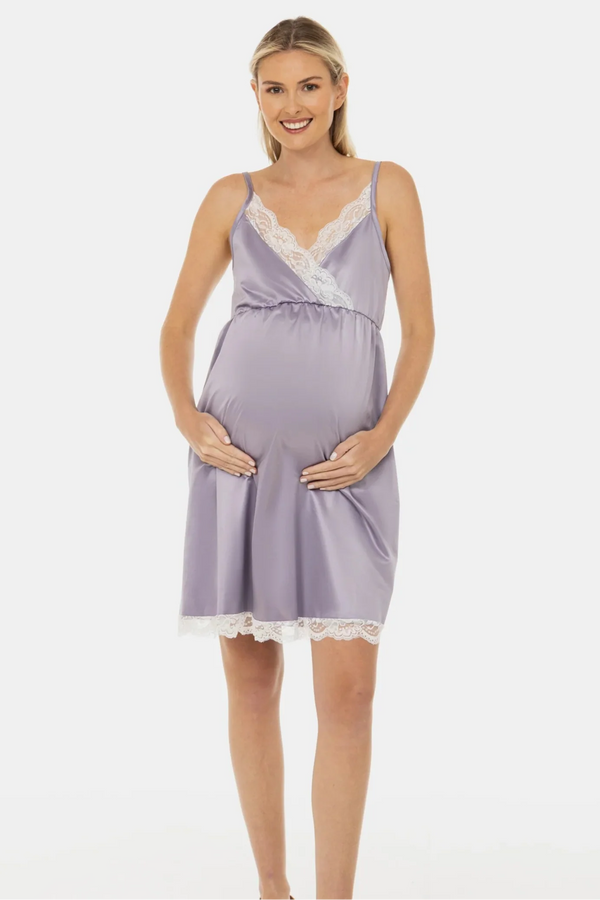 Cămașă de noapte din satin pentru gravide și alăptare - liliac