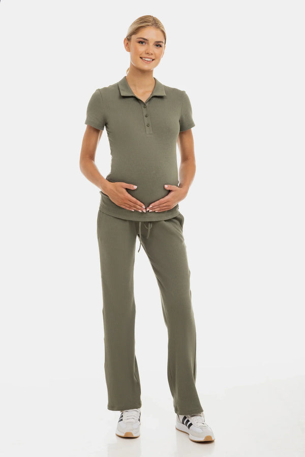 Bluză din bumbac rib pentru gravide și alăptare - khaki