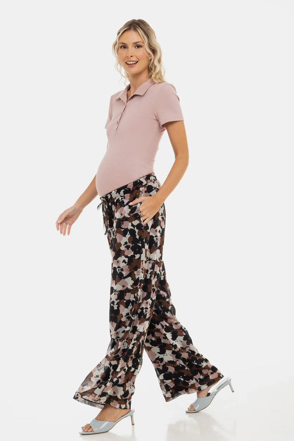 Pantaloni largi din șifon pentru gravide, cu imprimeu