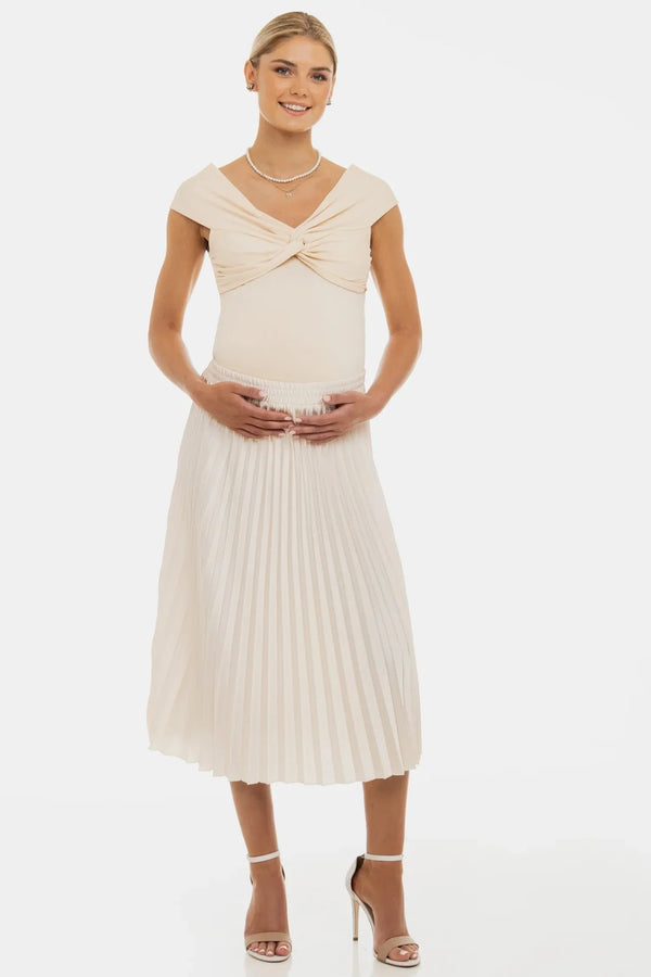 Fustă satinată plisată pentru gravide - crem