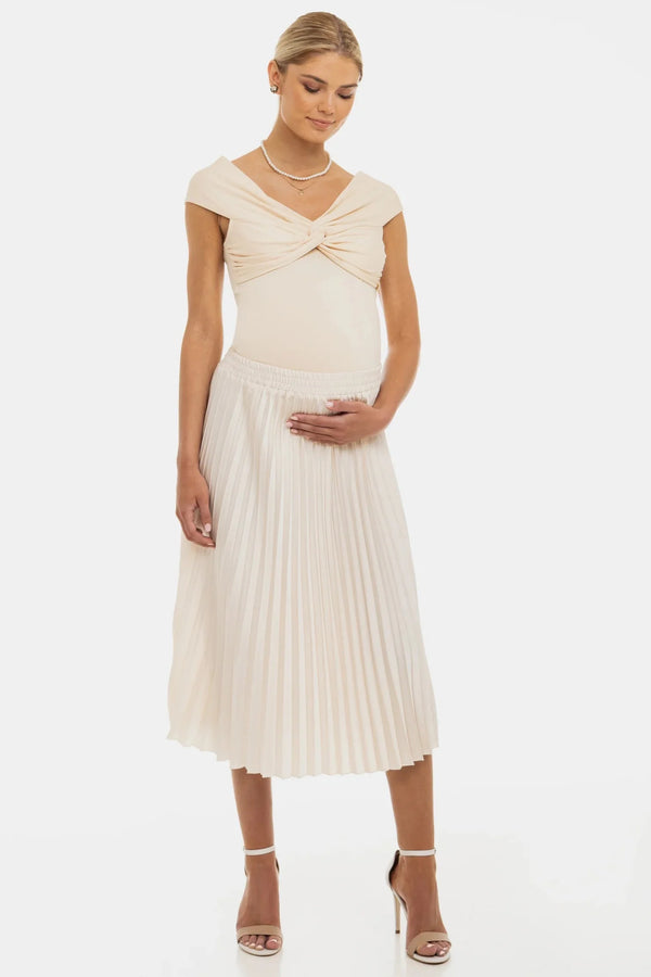 Bluză elegantă pentru gravide cu nod decorativ – crem