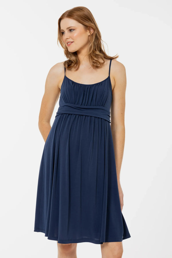 Rochie elegantă pentru gravide, cu bretele – albastră