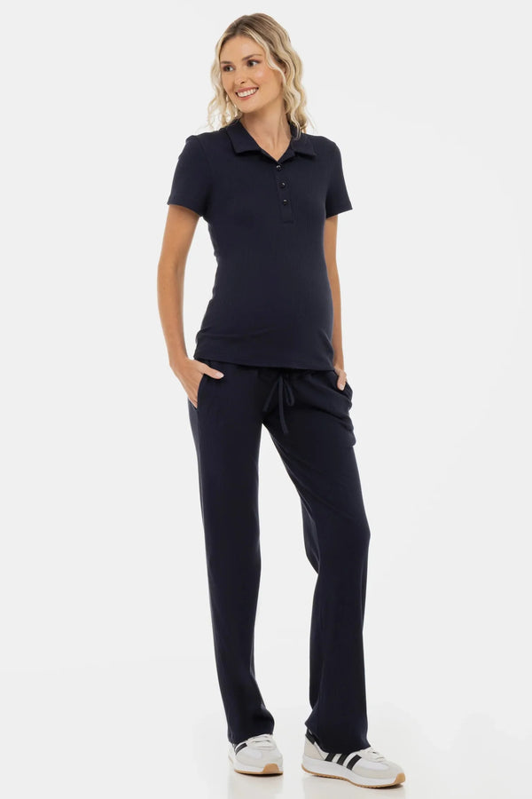 Pantalon din tricot reiat pentru gravide – albastru închis