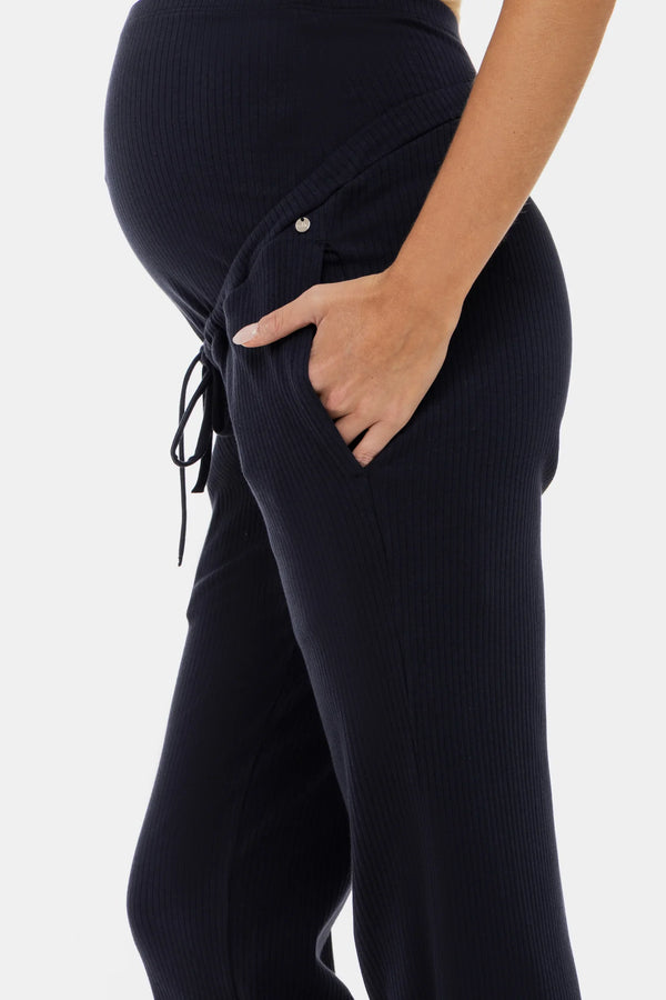 Pantalon din tricot reiat pentru gravide – albastru închis
