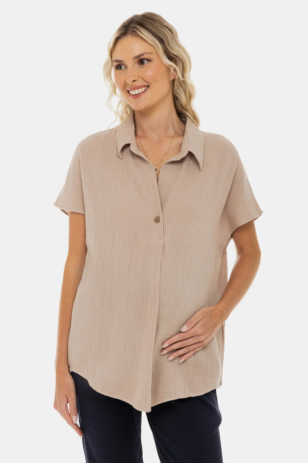 Bluză din bumbac pentru gravide și alăptare – bej