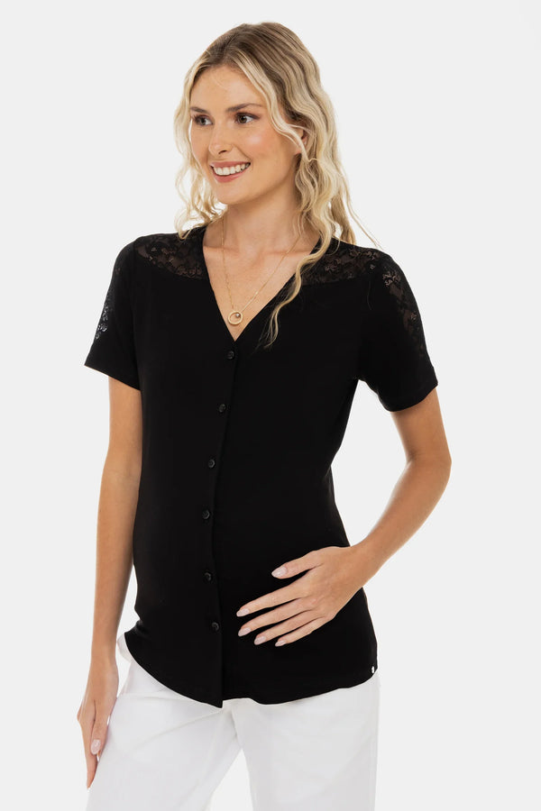 Bluză pentru gravide și alăptare cu detalii din dantelă – neagră