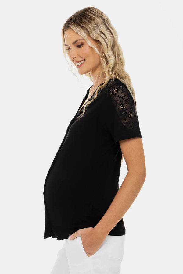 Bluză pentru gravide și alăptare cu detalii din dantelă – neagră