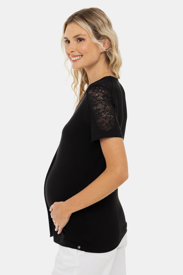 Bluză pentru gravide și alăptare cu detalii din dantelă – neagră
