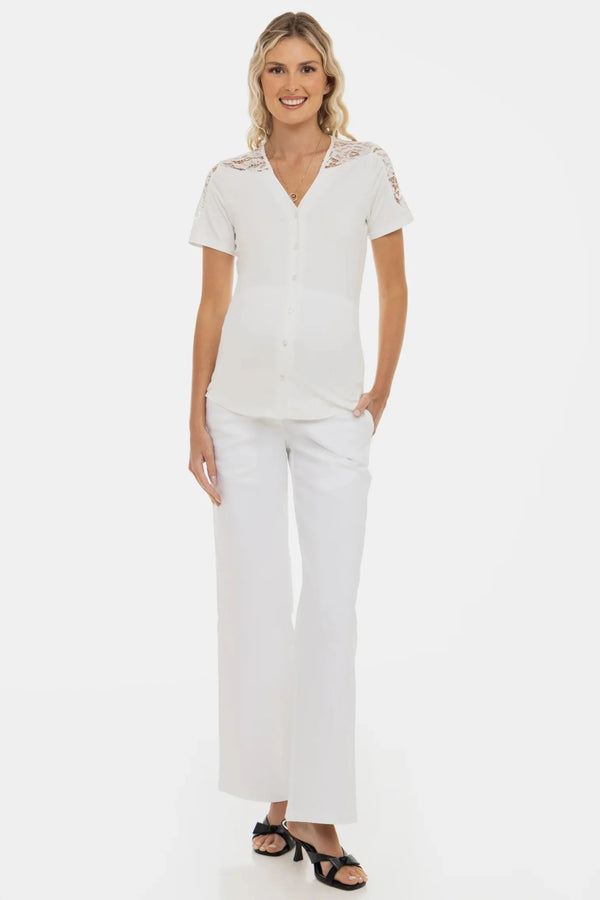 Bluză pentru gravide și alăptare cu detalii din dantelă - ecru