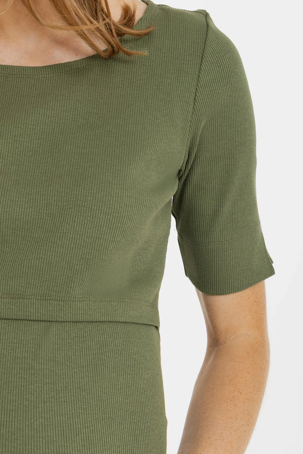 Rochie din bumbac rib pentru gravide și alăptare – verde olive