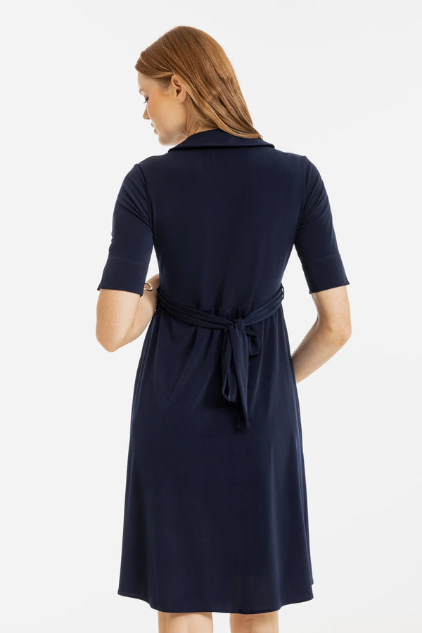 Rochie pentru gravide și alăptare, cu guler și decolteu petrecut – bleumarin