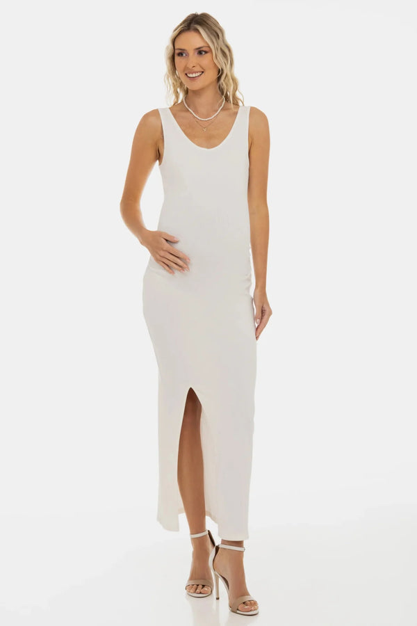 Rochie lungă din bumbac pentru gravide, cu fantă – ecru