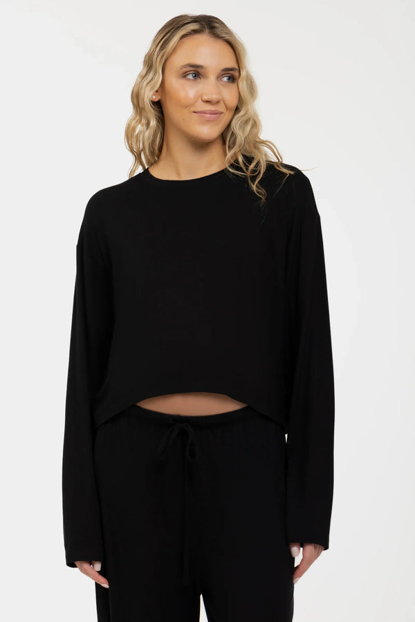 Top scurt cu mânecă lungă pentru gravide din modal moale – negru