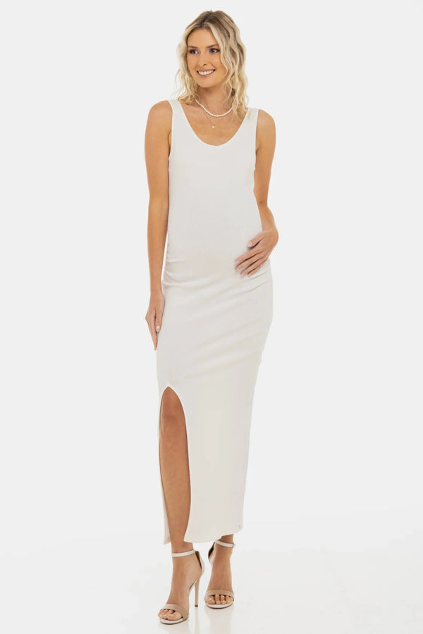 Rochie lungă din bumbac pentru gravide, cu fantă – ecru