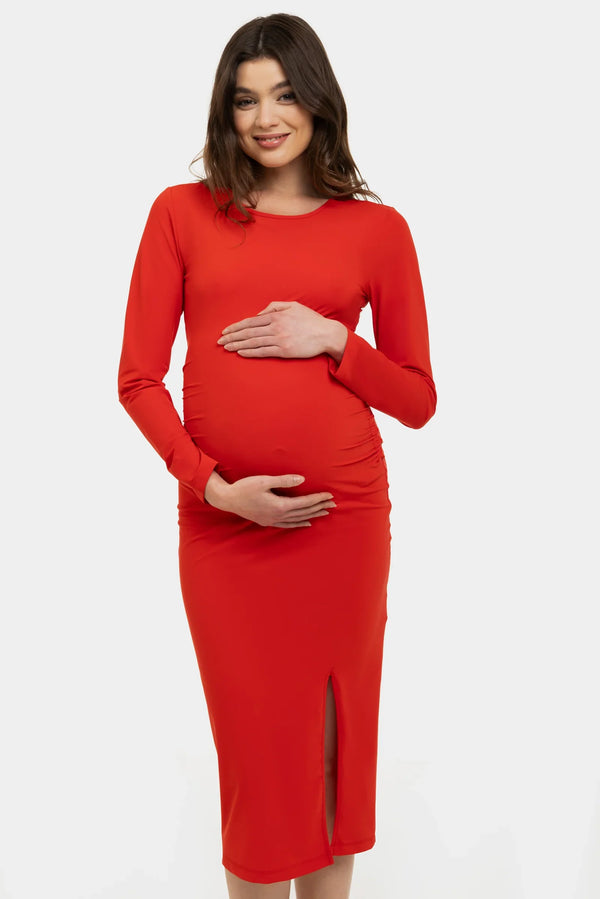 Rochie lungă roșie pentru gravide cu fentă laterală