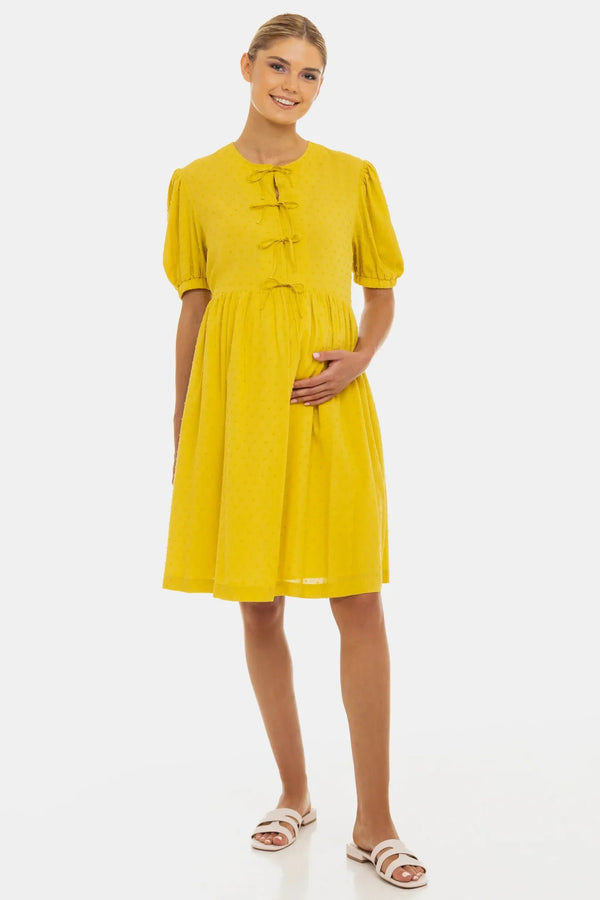 Rochie pentru gravide și alăptare cu fundițe – ocru