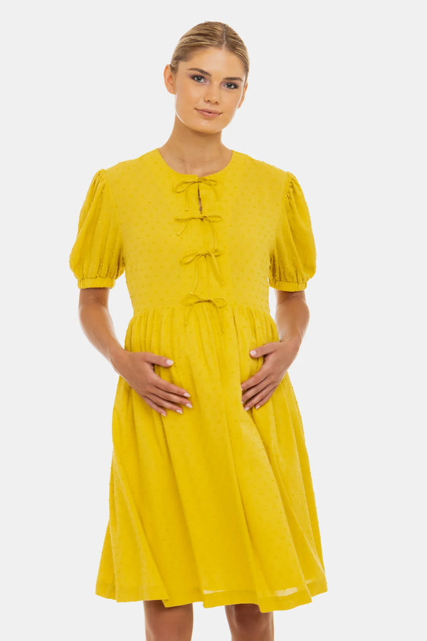 Rochie pentru gravide și alăptare cu fundițe – ocru