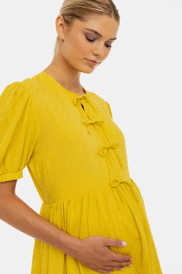 Rochie pentru gravide și alăptare cu fundițe – ocru