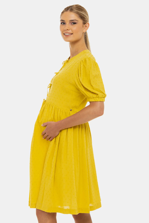 Rochie pentru gravide și alăptare cu fundițe – ocru