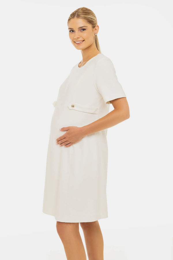 Rochie pentru gravide din stofă boucle cu detalii elegante aurii